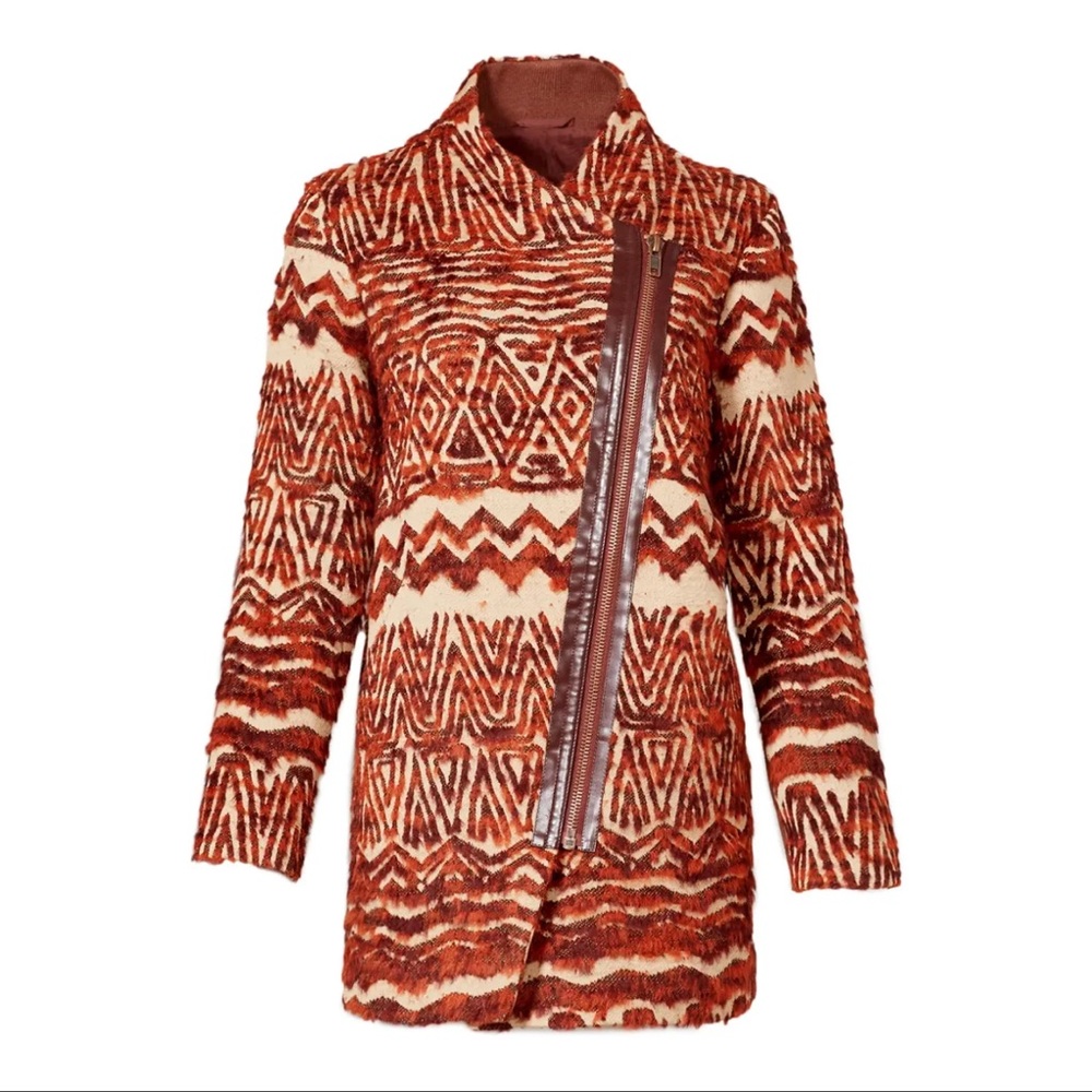 Free People Red Combo Tribal Aztec Boho Western‎ Wool Blend Coat Size L